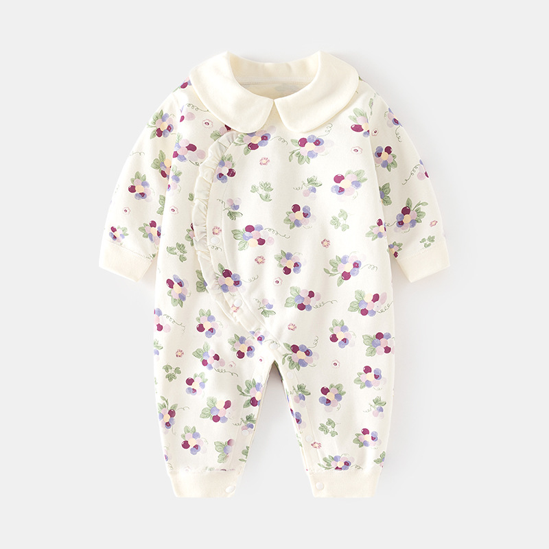 嬰兒春秋連體衣寶寶無骨長袖家居純棉爬服女嬰幼兒童印花對門哈衣
