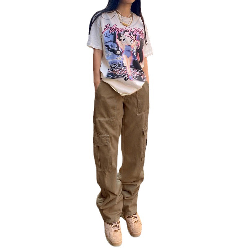European and American Women's Street Fashion Multi-Pocket Workwear Straight Pants High Waist Slimming Loose Khaki Jeans Women