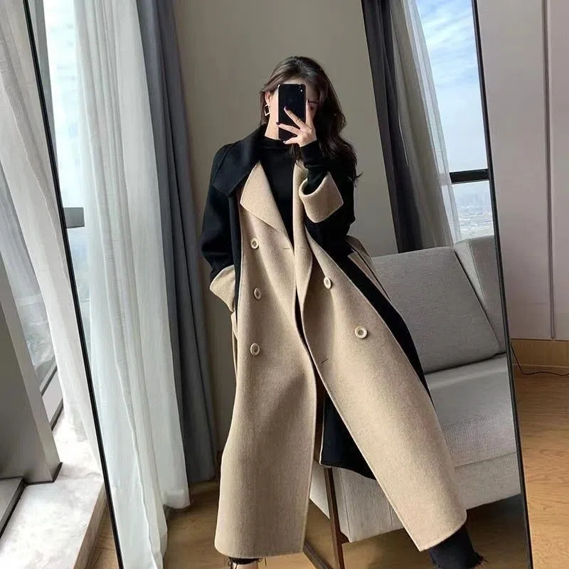 Winter new double-sided velvet wool color matching elegant Hepburn style slimming woolen coat women's long belt coat