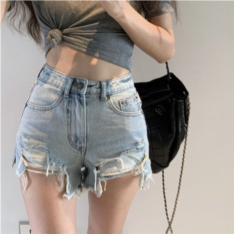 European and American ripped casual distressed raw edge jeans short high-waist hot pants hip-covering hip-lifting pants street hip-hop pants for women