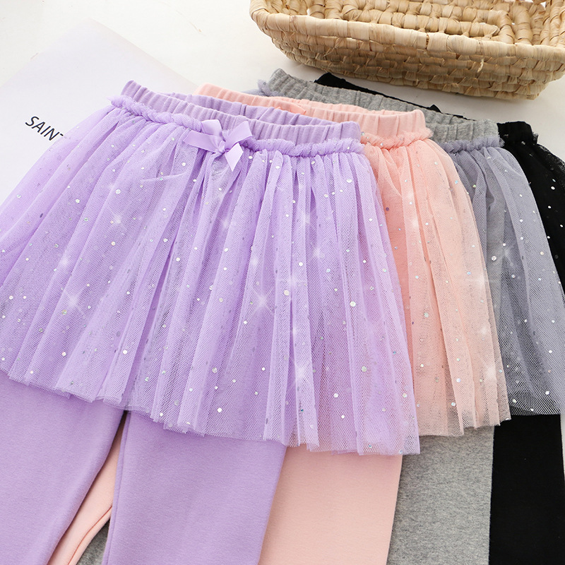 2023 Korean version of children's clothing new autumn girls skirt gauze fake two small and medium-sized children's cartoon printing a generation of hair