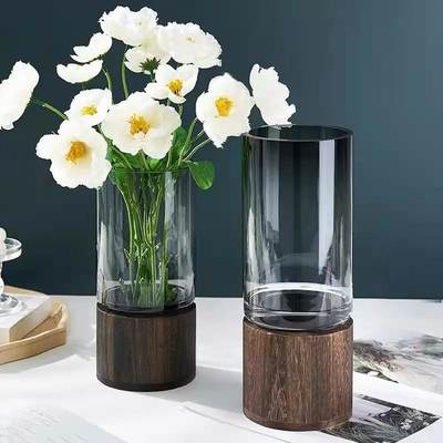 Nordic ins creative glass vase solid wood base living room dining table water-raising flowers lily flower arrangement decoration