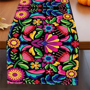 Amazon Hot Sale Mexico Colorful Vintage Datura Flower Linen Table Runner Dining Table Home Decorative Kitchen Table Runner