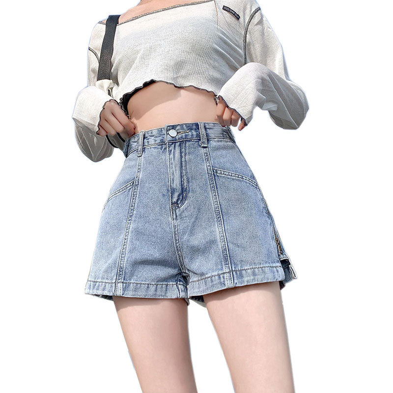 Internet Celebrity Side Zipper Denim Shorts Women's Loose 2023 New Korean Style Wide Leg Pants Slimming Letter Outer Wearing Hot Pants for Summer