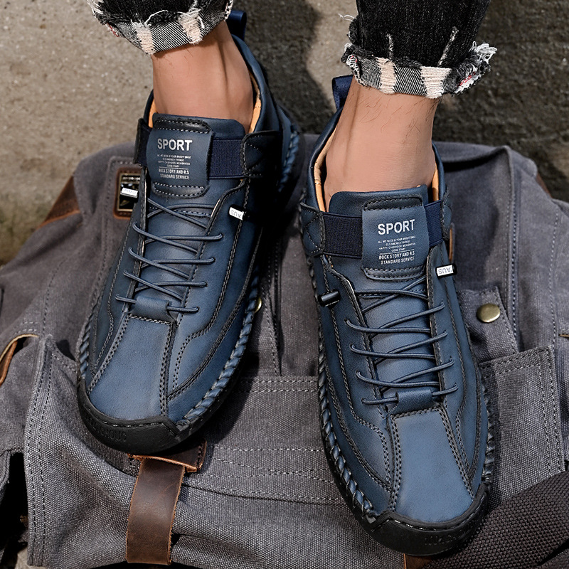 Cross-border plus size men's leather shoes low-top handmade stitching casual men's shoes flat slip-on loafers men's driving shoes