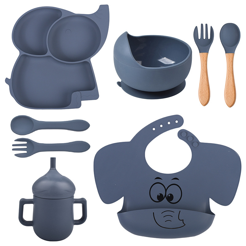 8-piece Children's silicone tableware set elephant silicone plate bowl bib Cup spoon Fork set silicone tableware