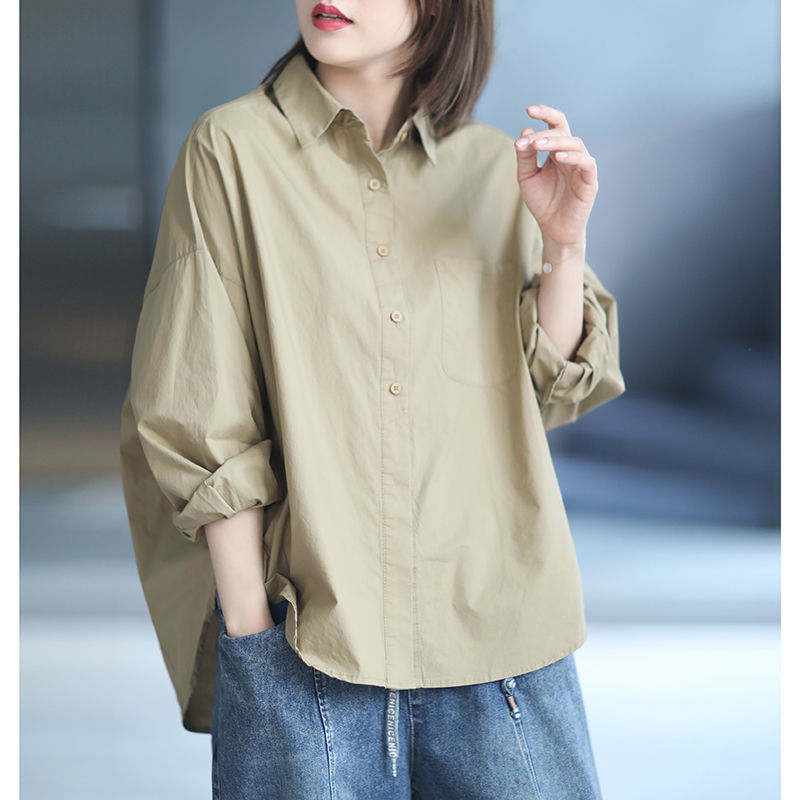 Cotton Loose Casual Casual Style Three-Dimensional Cut Solid Color Casual Women's Shirt Women's Long-Sleeved 2025 Spring Top
