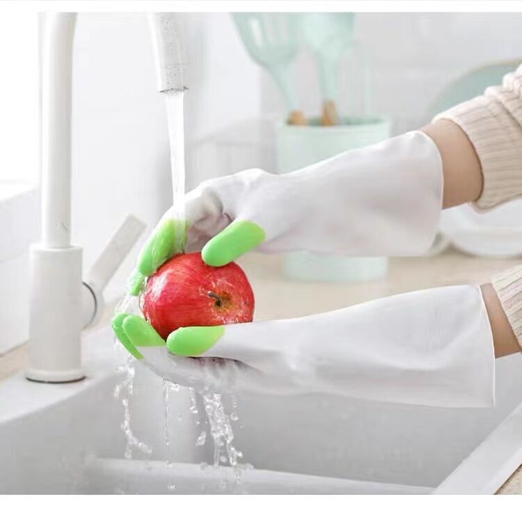 Longshou dishwashing gloves fingertip cleaning waterproof laundry housework PVC plastic latex gloves white dazzle fingers