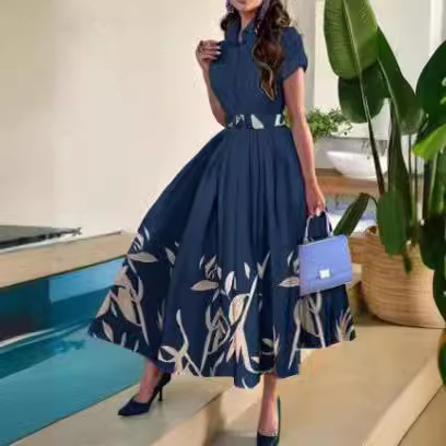 2023 European and American Shirt Collar Large Swing Positioning Flower Print Short Sleeve Button Dress with Belt