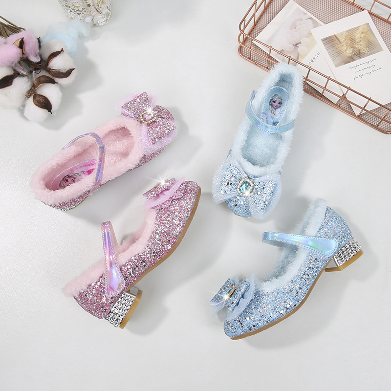 Girls Princess Shoes Women's Royal Blue Crystal Shoes Winter New Velvet Shoes Fashion Bow Elsa High Heels