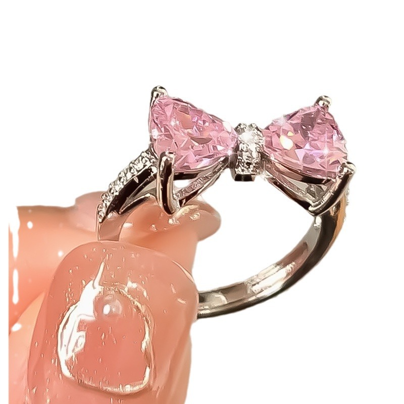 Pink zircon bow ring for women ins trendy niche design cold style index finger ring fashionable personalized ring_voghion.com