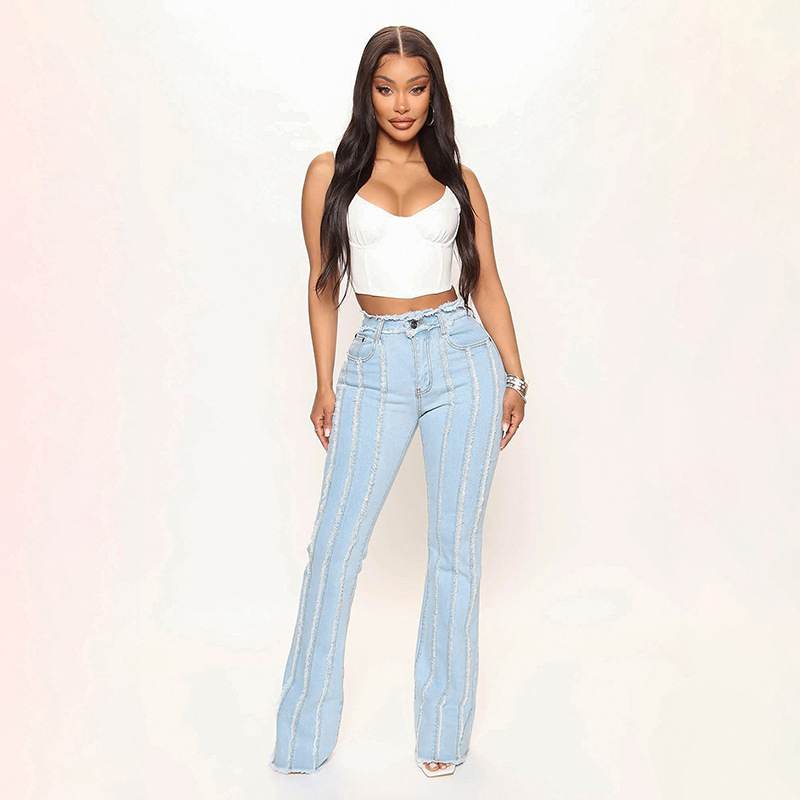 2023 Spring and Summer New Amazon Cross-border High Elastic Mid-waist Burr Women's Denim Pants Super Hot