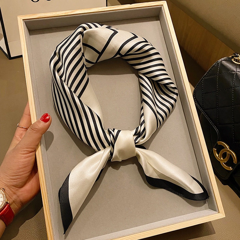 Fashion black and white striped silk scarf simple large square scarf women's spring and autumn elegant Mulberry silk scarf scarf wholesale