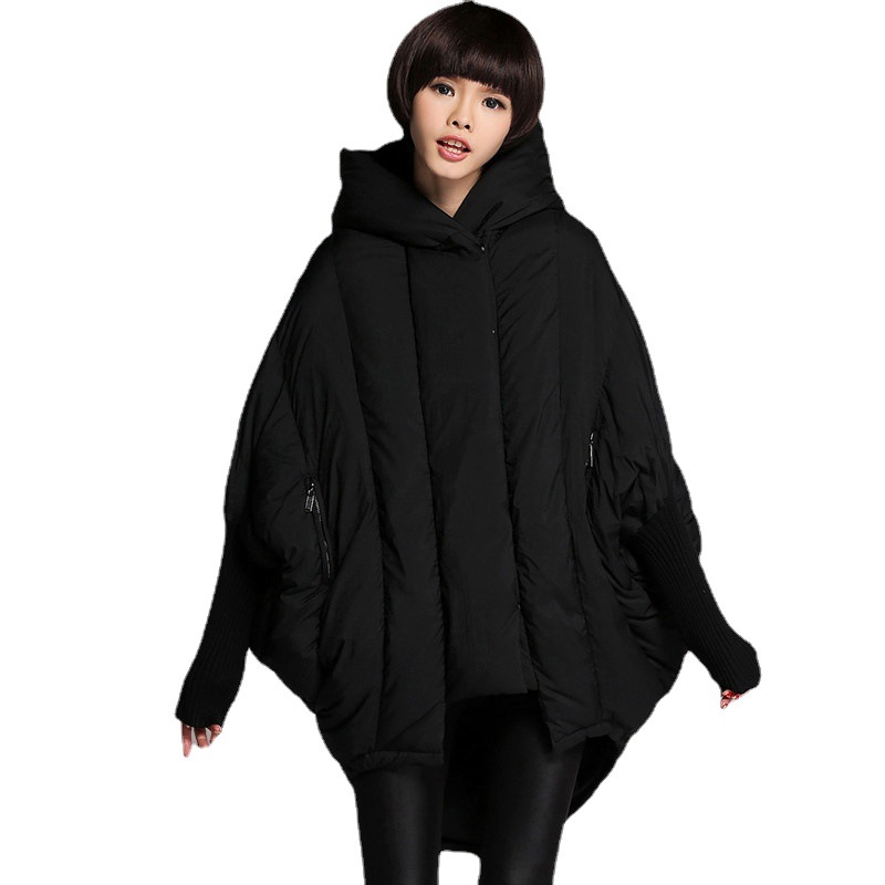 Down Jacket Women's new European and American long white duck down loose pocket hooded cape coat a generation of hair