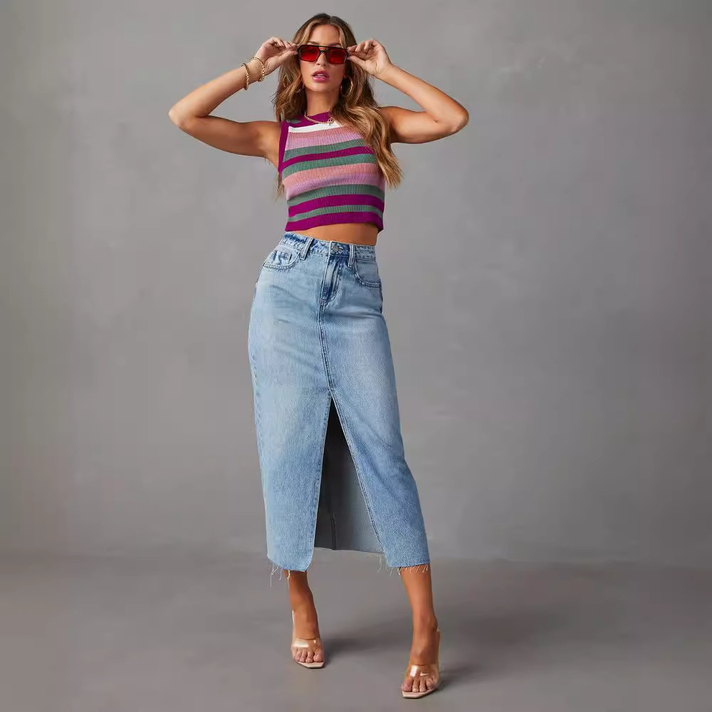 Amazon cross-border 2024 new split Denim skirt women's high waist washed European and American style A- line skirt