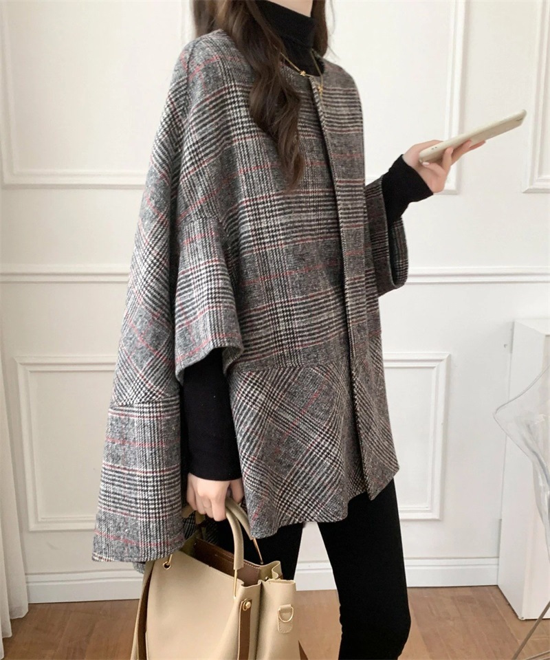 Mid-length cardigan round neck plaid coat cape for women 2024 autumn and winter New Korean style fashion trendy coat for women_voghion.com