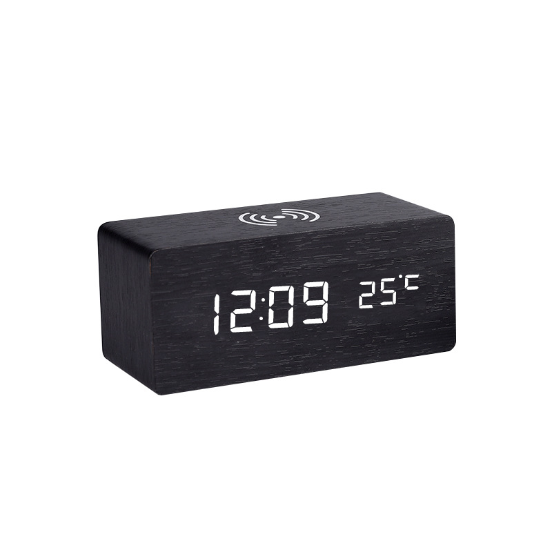 Source manufacturers wireless charging wooden clock led wood digital clock creative wireless charging electronic thermometer alarm clock