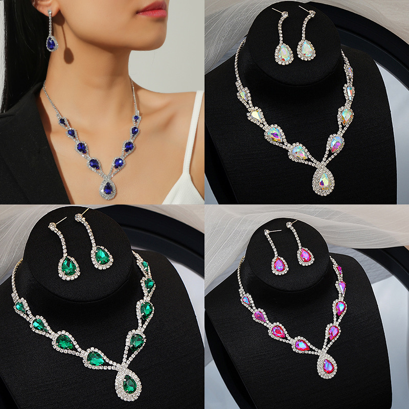 Cross-border supply European and American hot-selling color necklace set high-end versatile crystal exquisite clavicle chain earrings two-piece set