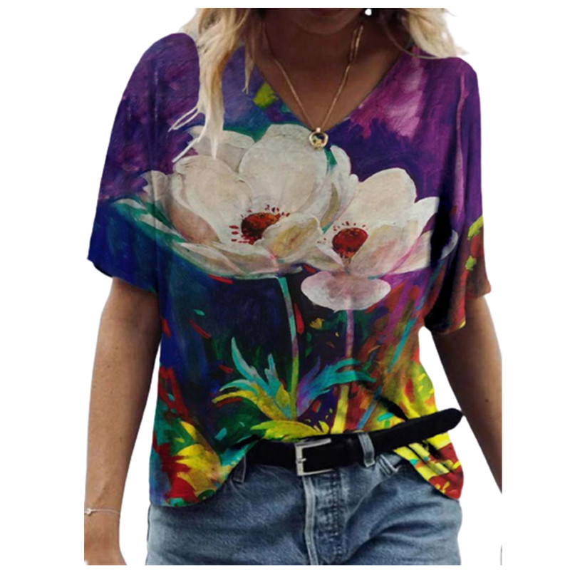  Summer eBay AliExpress wish floral print short-sleeved V-neck women's loose-fitting T-shirt