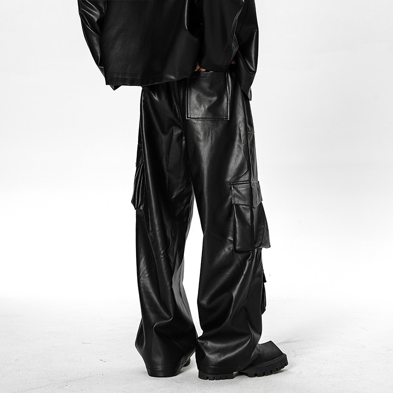 American Style Retro Street PU Leather Pants Men's Autumn Fashion Brand Loose Multi-Pocket Functional Straight Casual Overalls