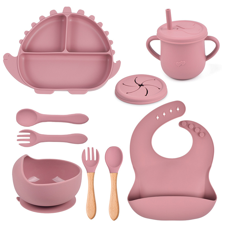 8-piece Children's silicone tableware suit dinosaur silicone dinner plate bib spoon Fork cup baby silicone dinner plate