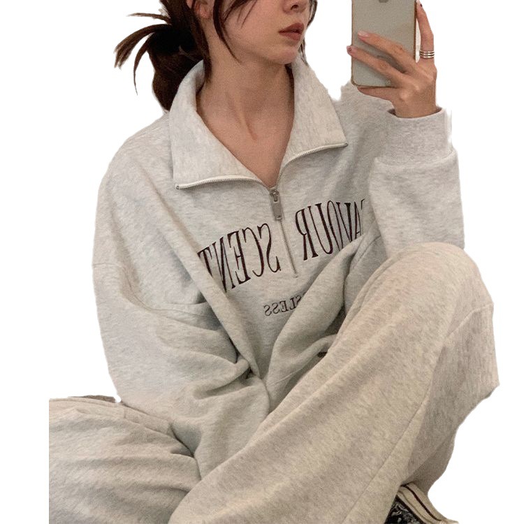 American-style gray polo collar sweater women's spring and autumn thin loose pullover Hong Kong style chic zipper top lazy coat