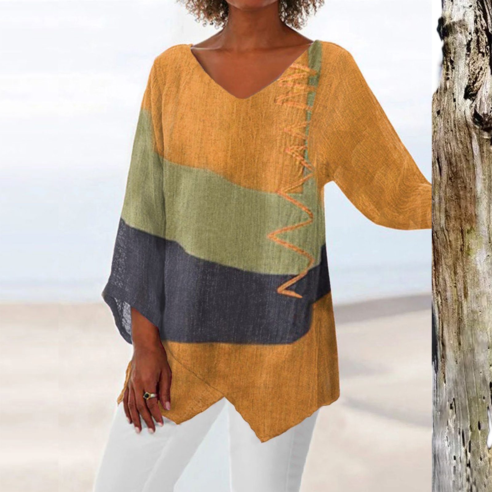 Fall 2024 European and American new casual loose V-neck irregular hem art print long sleeve retro top for women