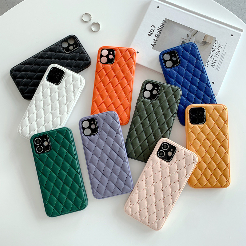 純色菱格小羊皮適用iPhone15promax蘋果14手機殼13仿皮12軟邊11