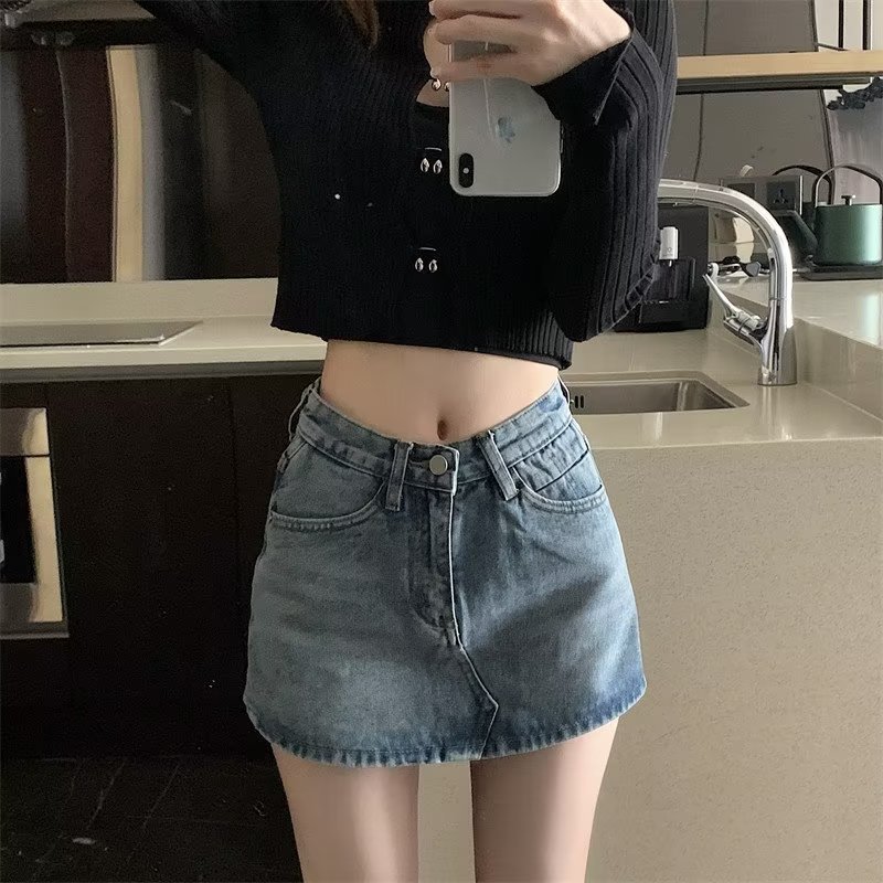 Sweet and spicy anti-exposure denim skirt for women spring  new style hip-covering high-waist a-line skirt slimming shorts skirt