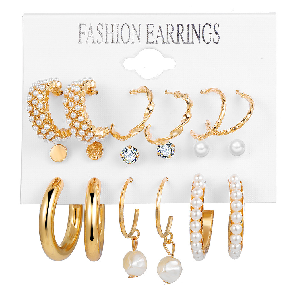Europe and the United States cross-border new inlaid pearl ladies earrings creative French retro gold earring set 6 pieces