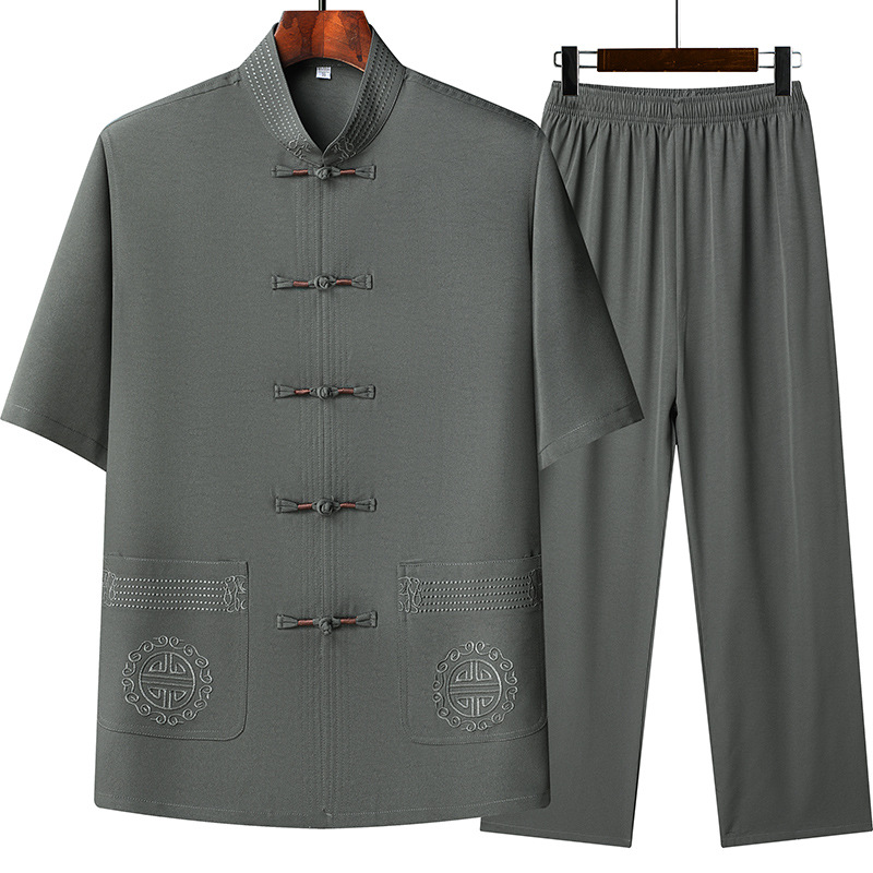Middle-aged and elderly men's Tang suit short-sleeved summer thin ethnic style dad grandpa suit clothing for the elderly Zhongshan