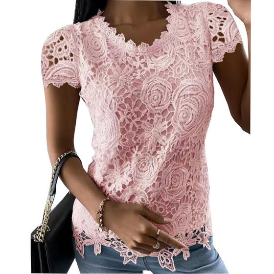 Independent station Amazon 2022 summer new women's clothing Europe and the United States cross-border foreign trade new lace shirt short sleeve top