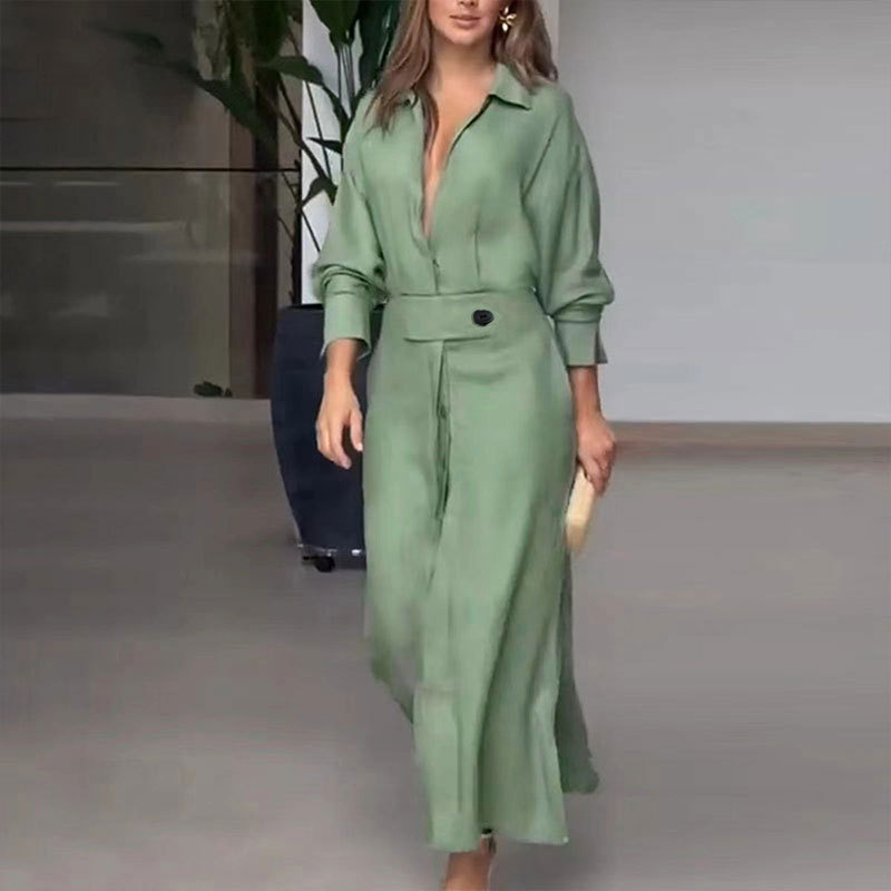 Amazon 2024 European and American New Commuter Lace Solid Color Waist Long Sleeve Deep V-Neck Summer Women's dress