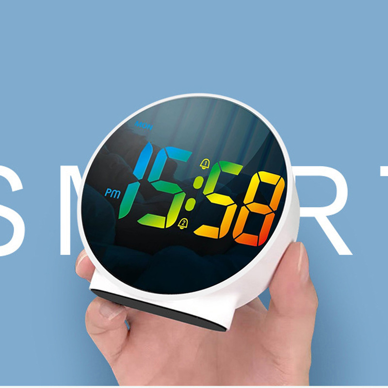 Simple English LED colorful lights mirror clock compact digital desktop clock fashion round electronic clock dual alarm clock
