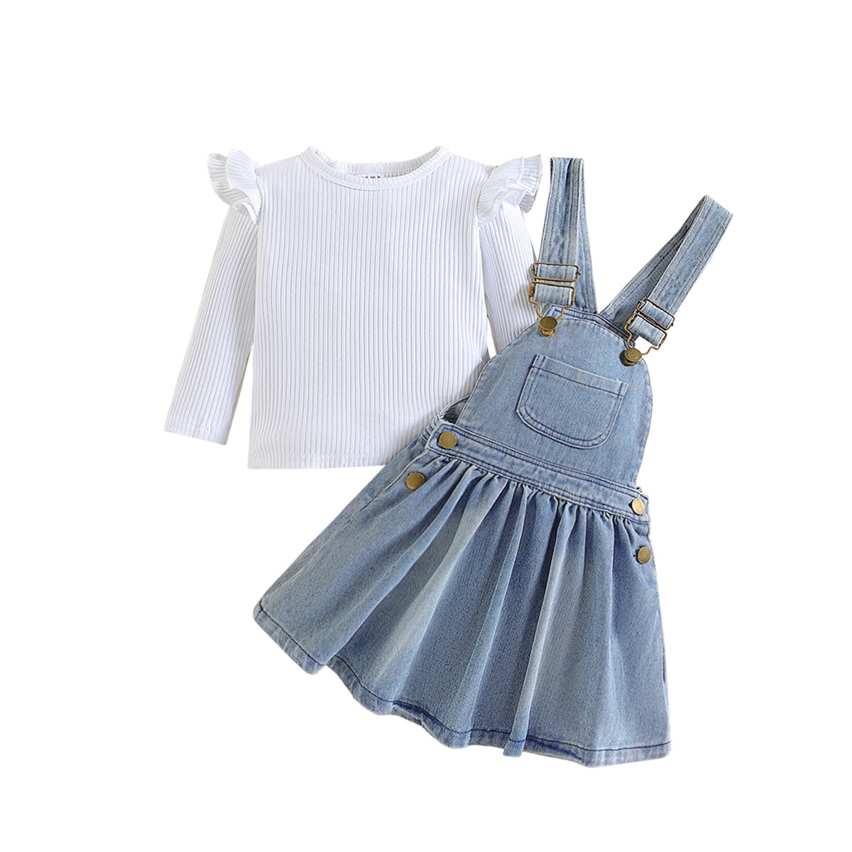 Cross-border Children's Wear Spring and Autumn Girls' New Stylish Suit Girl's Ruffled Lace Long Sleeve Top Denim Strap Dress