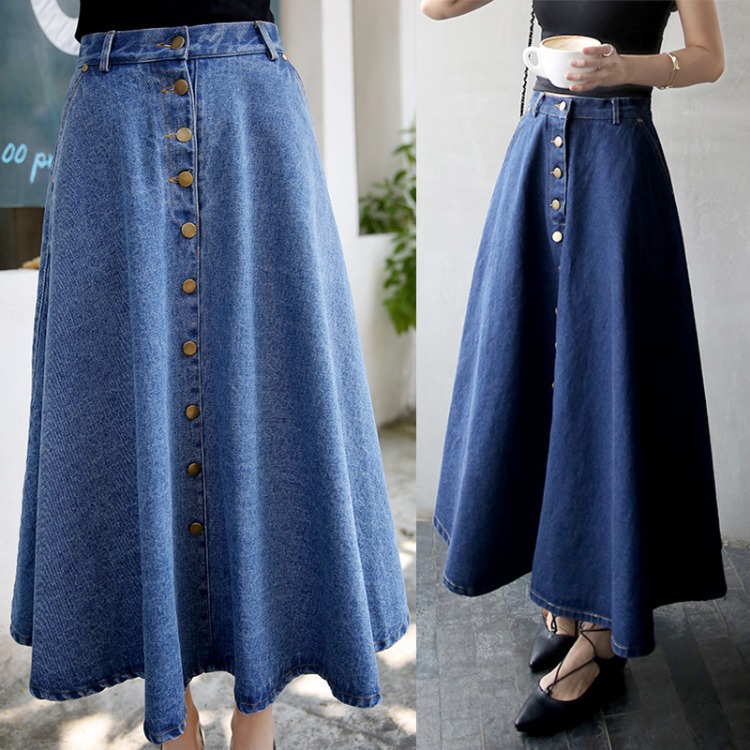 2023 Spring and Summer New Korean Style Loose Single-breasted Slim-fit High Waist Skirt Large Swing Umbrella Skirt Denim Long Skirt