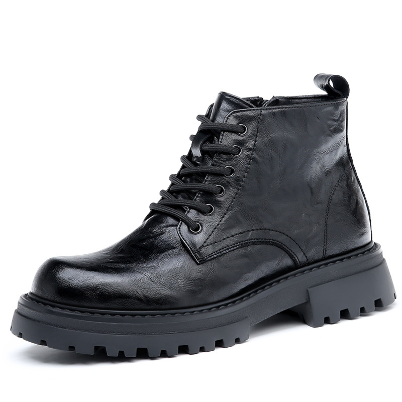 Martin boots men's 2023 new cotton leather boots thin British style mid-top thick bottom hidden height increasing motorcycle black ankle boots