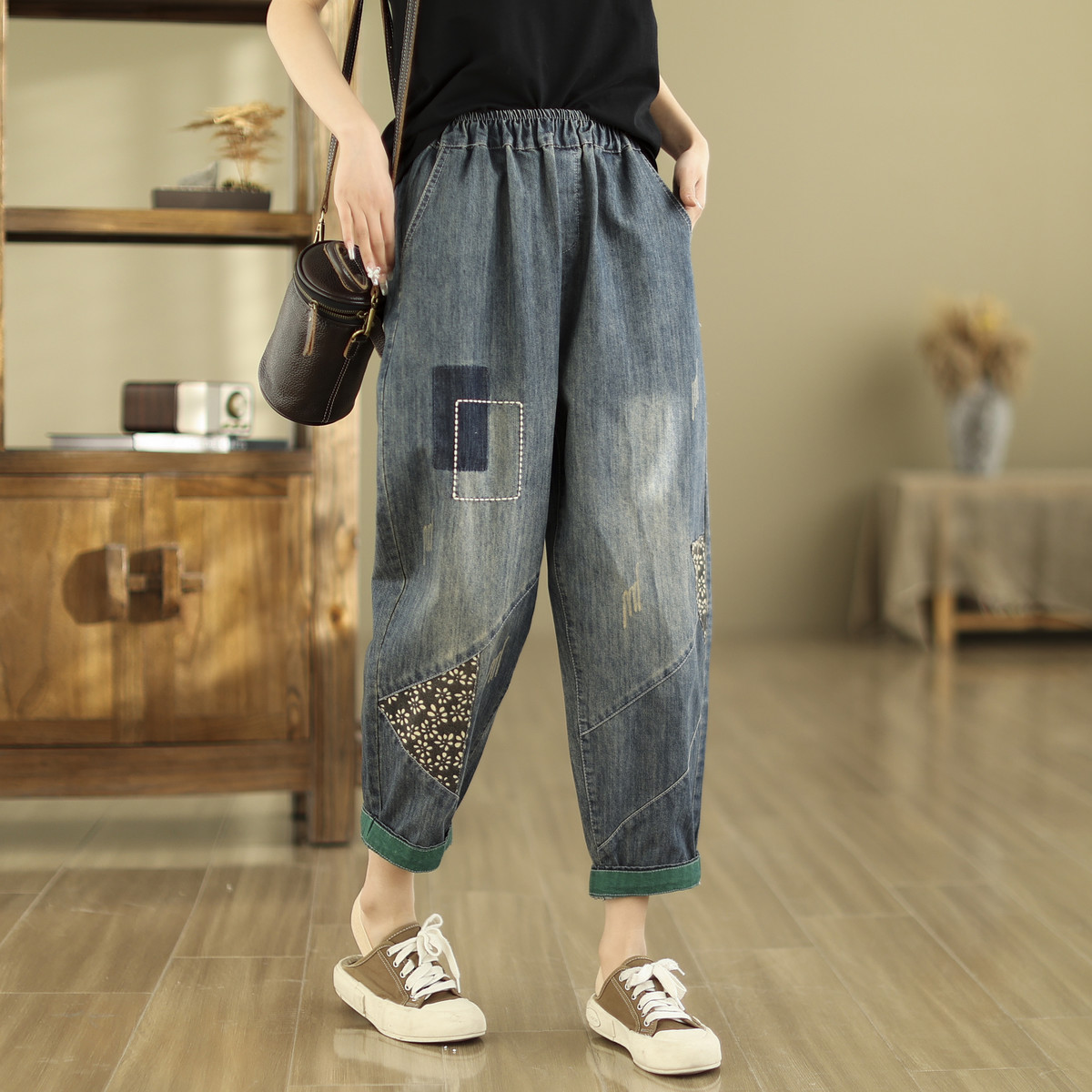 Spring and Summer new loose artistic retro jeans cropped harem pants stitching contrast color daddy pants for women