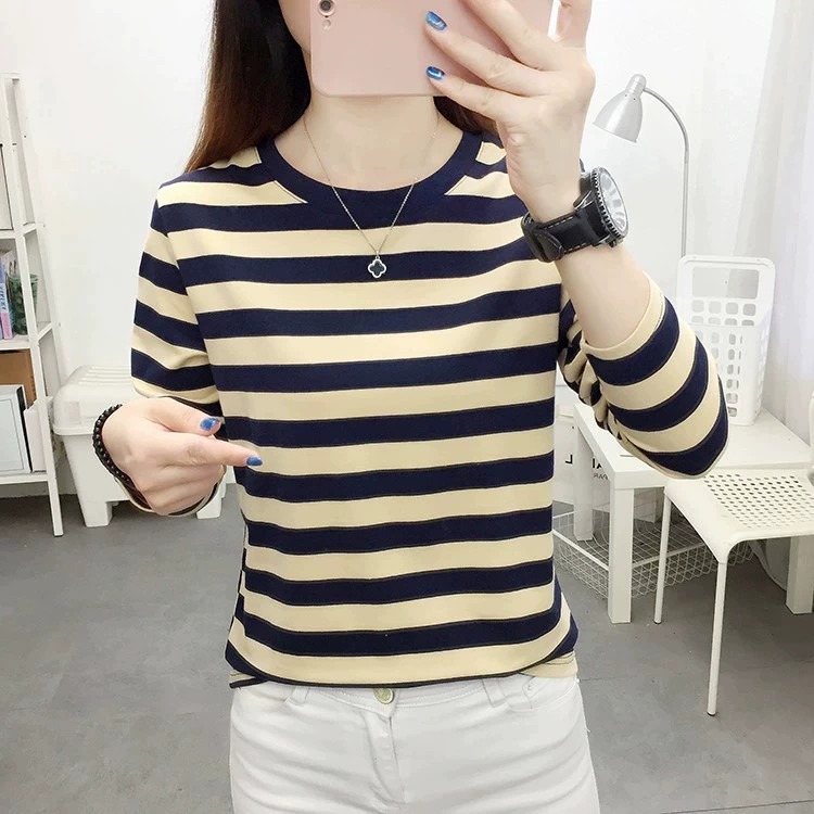 Spring new long-sleeved top women's outer wear bottoming shirt striped T-shirt casual comfortable ins trendy all-matching women's clothing