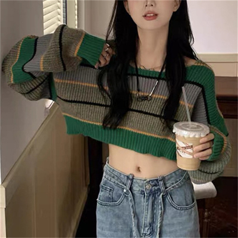 European and American short lazy style color matching striped sweater Autumn 2023 new hot girl pullover color contrast knitted top women_voghion.com