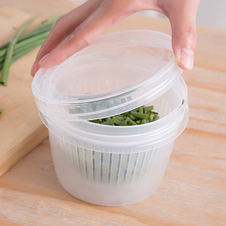 Refrigerator Fresh-keeping Box Ginger, Garlic and Scallion Storage Box Household Portable Round Transparent Draining Double-layer Fresh-keeping Bowl Sealed Box