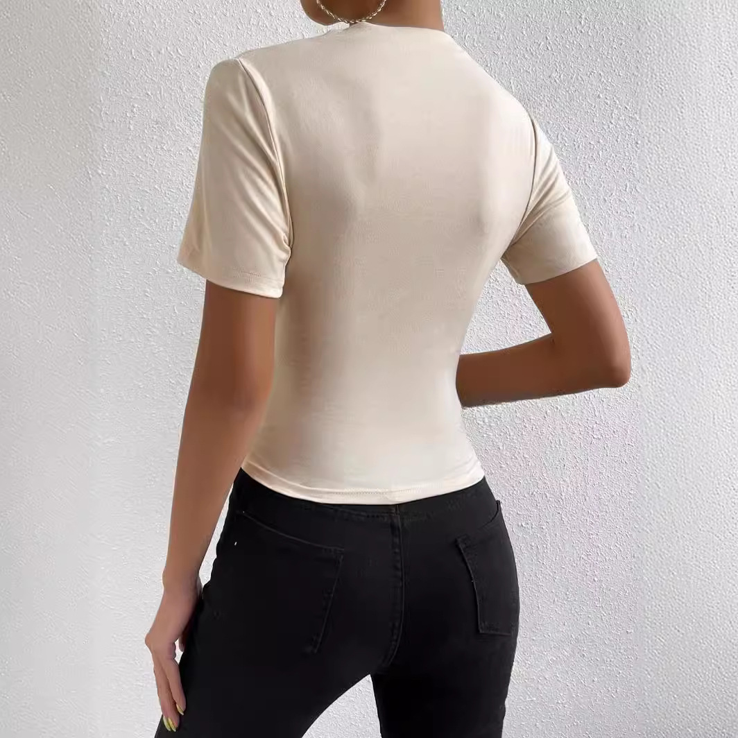 Amazon European and American cross-border AliExpress independent station 2024 spring and summer small turtleneck pleated slim-fit short-sleeved women's T-shirt