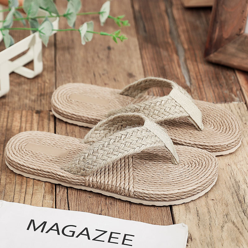 2021 new flip-flops women's summer wear fashionable imitation linen flat sandals Internet celebrity casual beach sandals women