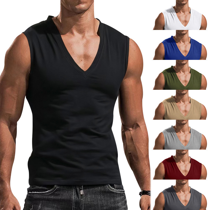 2023 Amazon cross-border Men's waistcoat V-neck vest solid color casual breathable slim sleeveless T-shirt men's wholesale