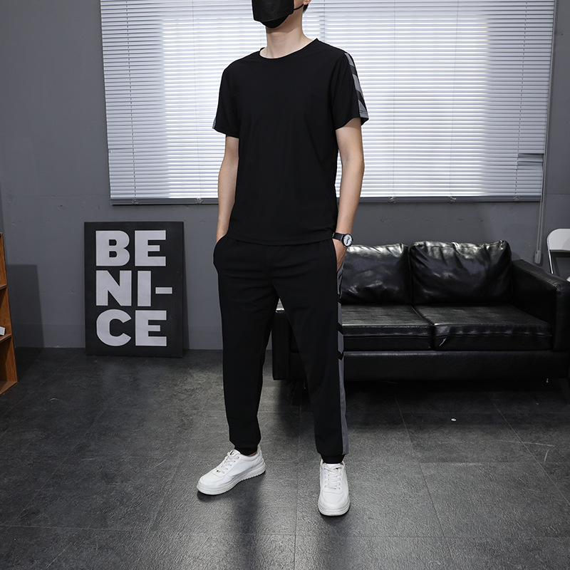 Summer Trendy Brand suit Men's Casual Ice Silk Men's T-shirt Loose Sports Quick-drying Shorts Thin Short-sleeved Men's Trendy