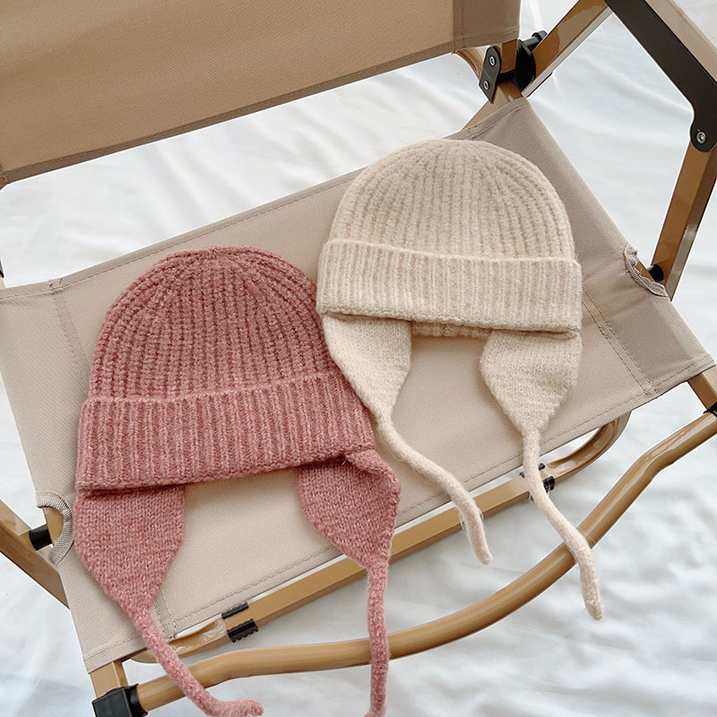 Gestrickte Ohrenschutzmütze für Kinder im japanischen Stil, neue Herbst- und Wintermütze aus dunkler, eleganter, warmer Wolle, einfarbige Strickmütze_voghion.com