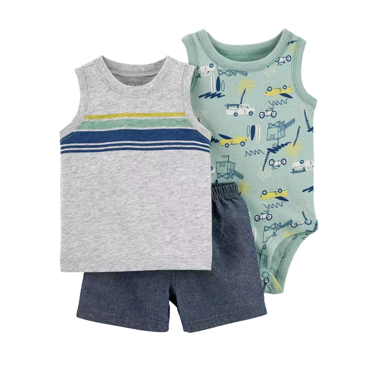 Foreign trade children's clothing new summer cross-border wholesale men's baby infant short sleeve shorts T-shirt bag fart clothes three-piece set