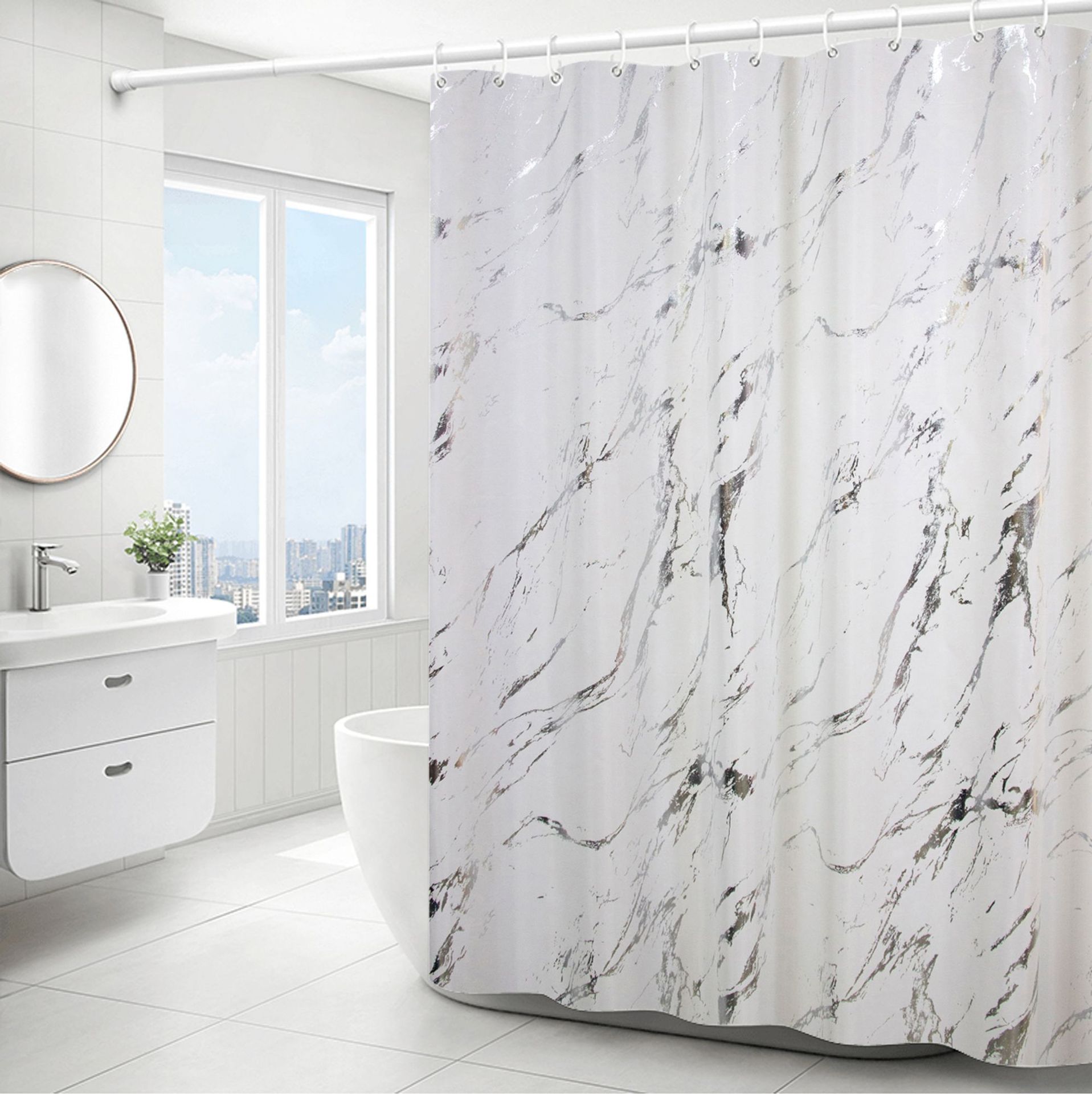Cross-border Wholesale Simple Light Luxury Hot Stamping Silver Bronzing Marble Pattern Toilet Bathroom Waterproof Shower Curtain Shower Account Partition