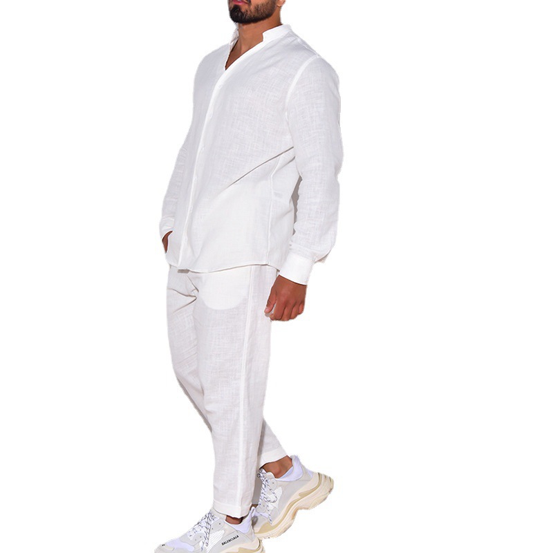 Cross-border European and American Men's Linen Autumn Casual Suit Long-sleeved One-piece Workwear Trousers Foreign Trade New Two-piece Men's Suit