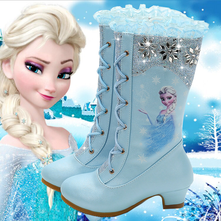 Children's High Heel Boots 2021 Autumn and Winter Girls Princess Elsa Boots Little Girls Fleece Cotton Boots Baby Leather Boots